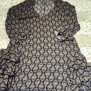 Women’s xs No-label Sheer 3/4 sleeve navy and brown dress with ruffles